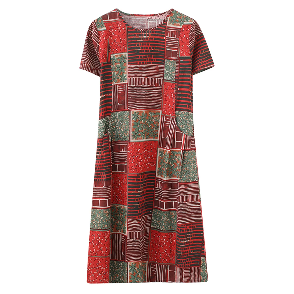 

Pocket Dress Loose Women's Dresses Vintage Plaid Women Clothing Casual Short Sleeve Knee-length Dress for Women Fashion