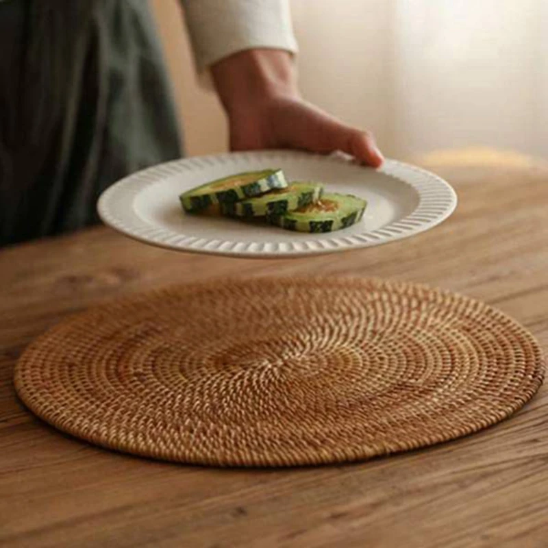 

4 Pcs Handmade Round Natural Rattan Placemat Farmhouse Round Wicker Placemats for Dining Table,Wedding,Parties,BBQ's,Etc