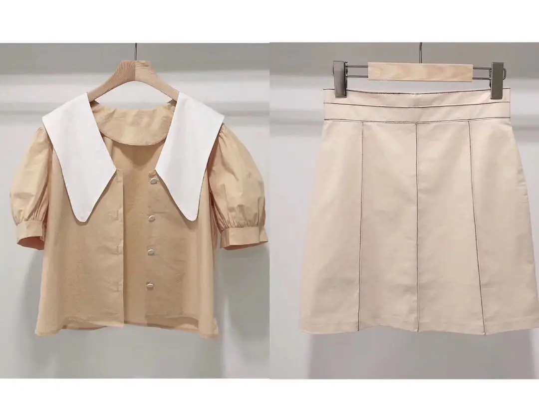 

Korean Chic Design Sense Niche Lapel Cute Youth-Looking All-Matching Short Shirt + High Waist Skirt Suit