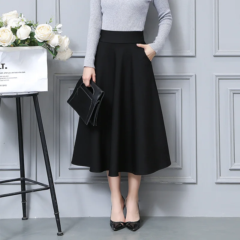 

High Waist Women Skirt 2021 Casual Streetwear Work Wear Office Ladies A-line Skirt Midi Retro Korean Style Faldas Femme OL Black