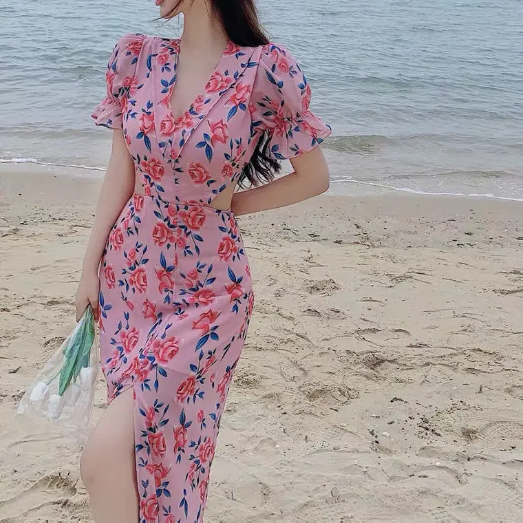 Женское длинное платье в горошек элегантное офисное макси с пышными рукавами