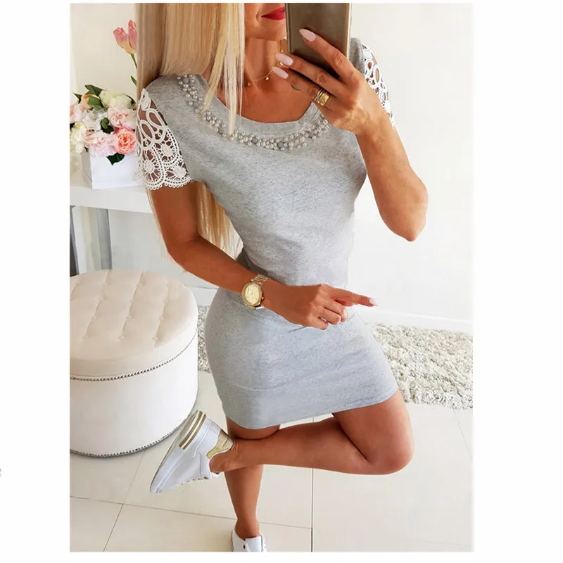 Женское мини-платье с жемчужными бусинами офисное привлекательное ажурное