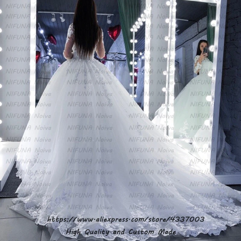 Женское свадебное платье принцессы элегантное кружевное с длинным рукавом