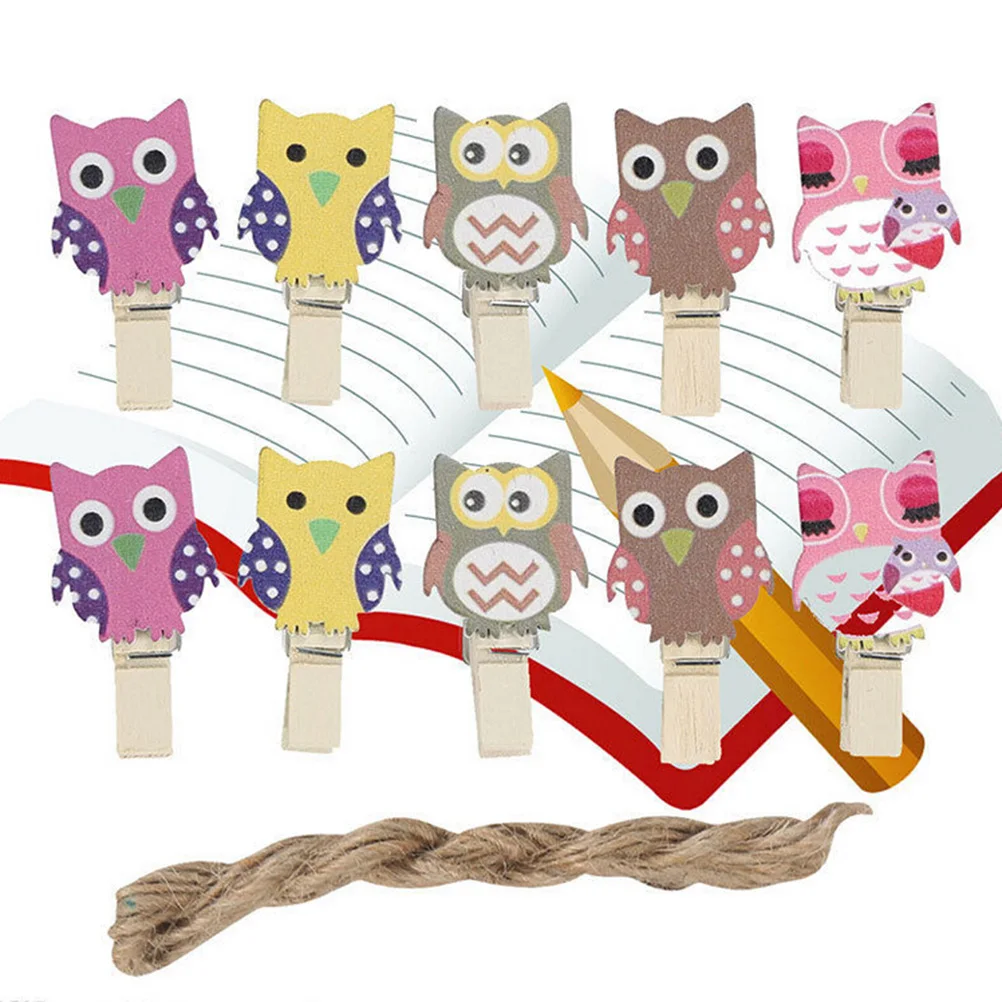 

10pcs/Bag Kawaii Owl Wooden Clip Photo Paper Postcard Craft DIY Clips with Hemp Rope Office Binding Supplies Wholesale