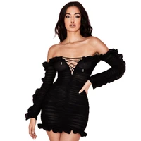 double layer mesh off shoulder ruffled sleeve bandage mini dresses see through black bodycon vestidos short club party outfits