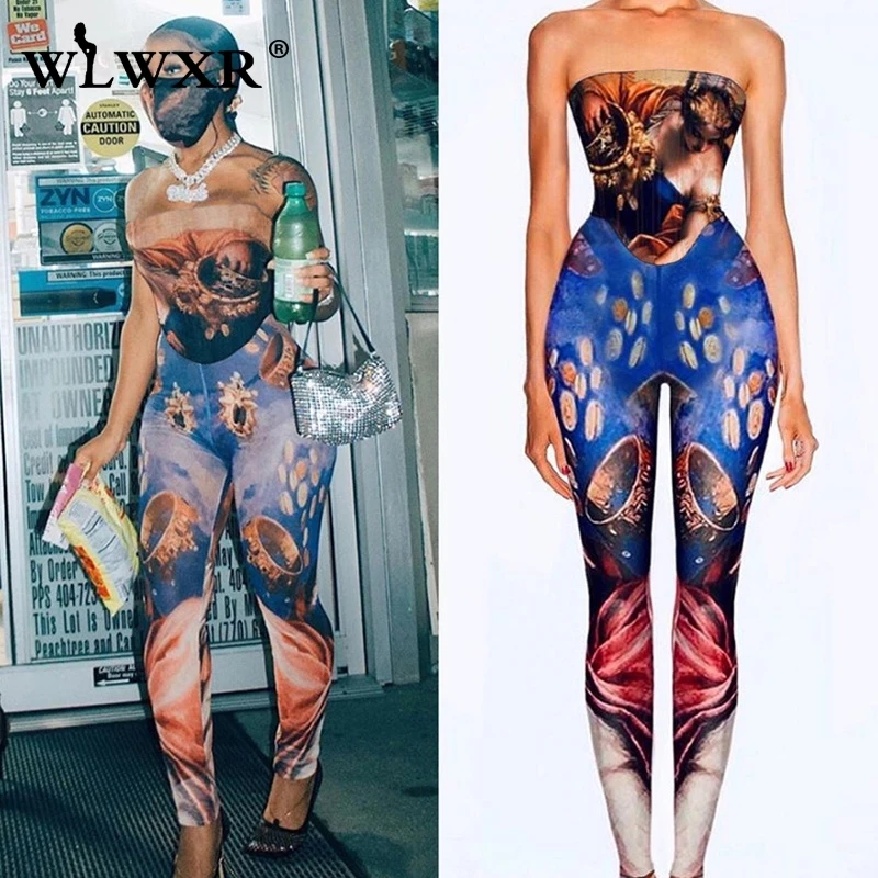 WLWXR Oil Painting Off Shoulder Summer Romper Women Sexy Bodycon Jumpsuit Female Backless Club One Piece Ladies | Женская одежда