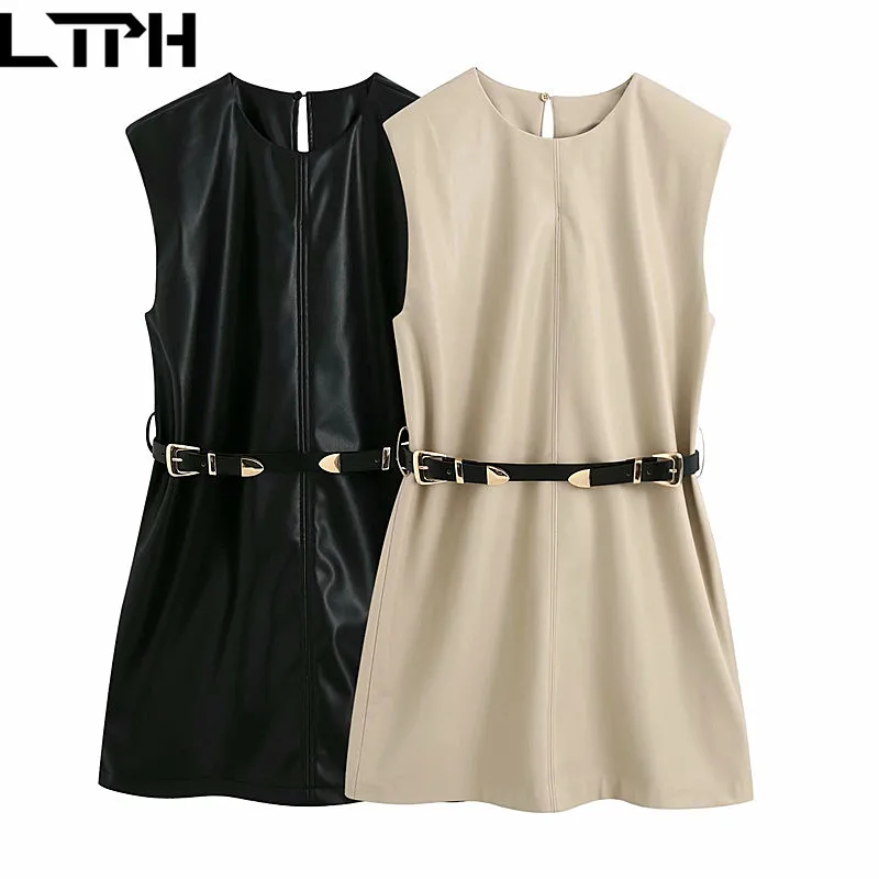

LTPH simple sleeveless Synthetic Leather PU dress women Fashion Sashes slim design elegant pull-on dresses 2020 Autumn New