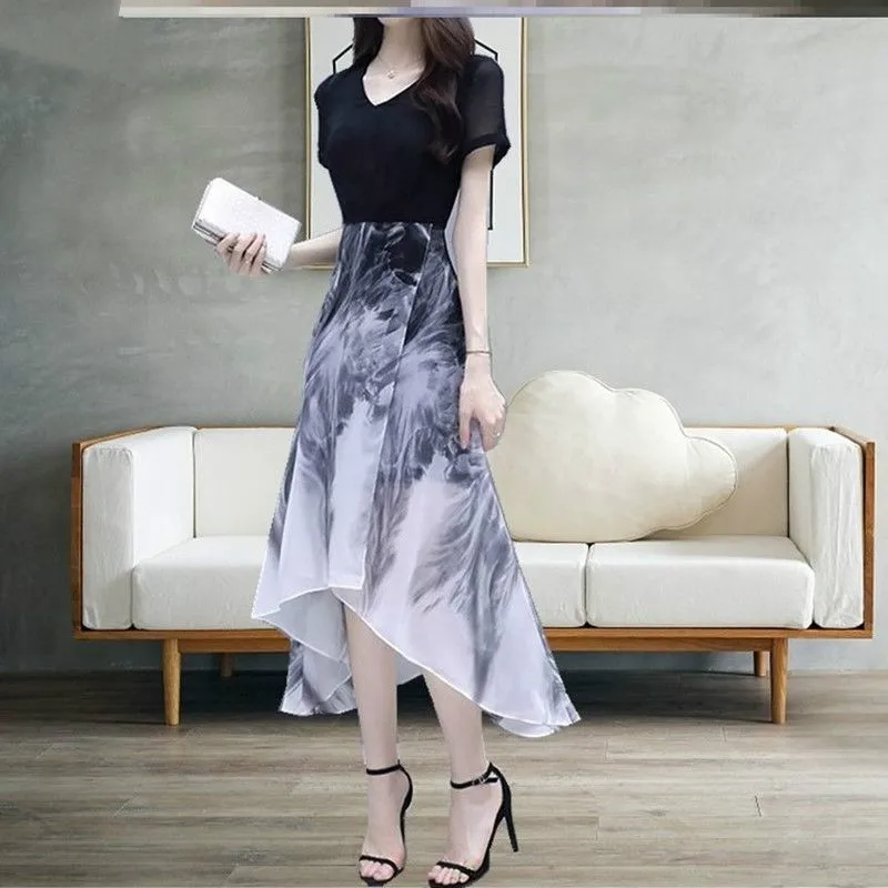 

Women's Spring Summer Style Women's Dress V-Neck Classic Ink Painting Fashionable Dress Elegant Temperament Dress SS3104