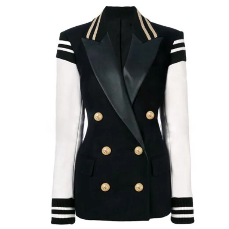 High-quality suits women blazers jacket fashion ladies hit color black and white stitching jackets double-breasted coats college