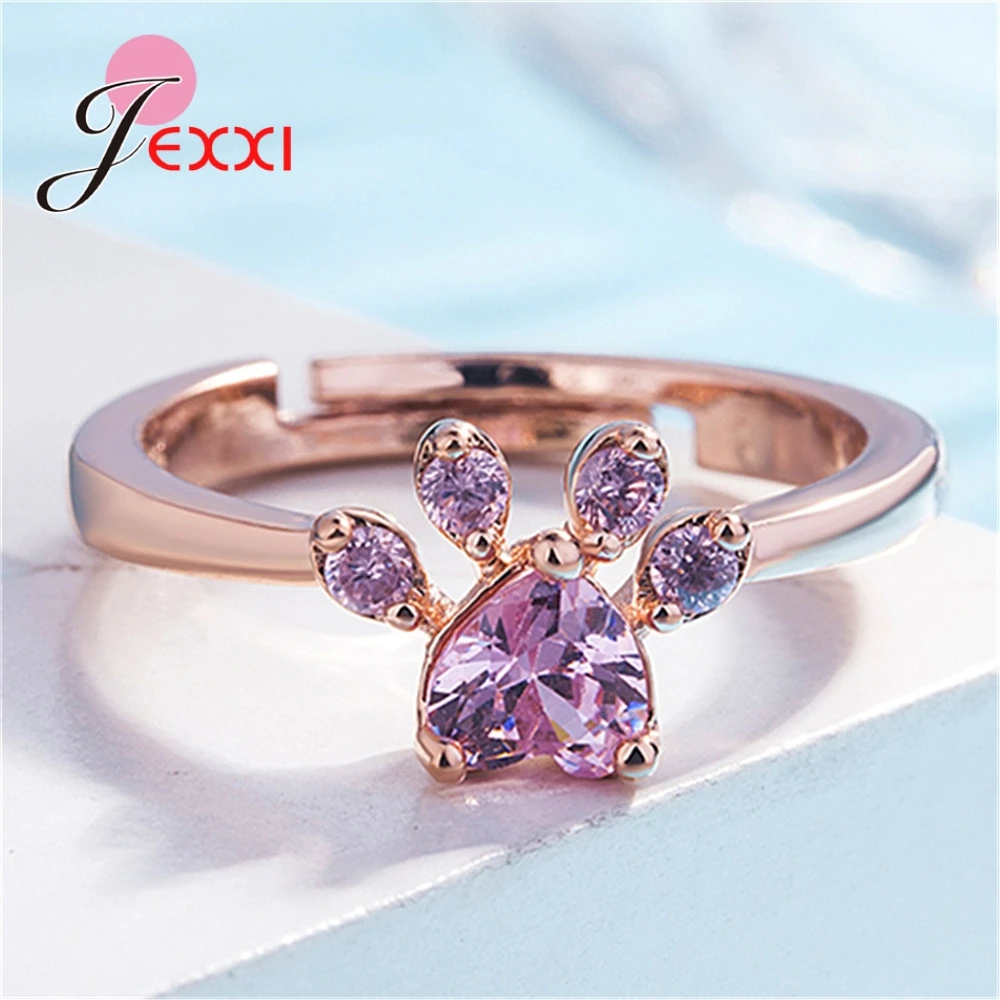 

Cute Cat Dog Bear's Paw Fine 925 Sterling Silver Resizable Rings for Women Romantic Animal CZ Heart Wedding Party Jewelry Bague