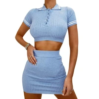 80 hot sales%ef%bc%81%ef%bc%81%ef%bc%81women ribbed short sleeve turndown collar crop top mini bodycon skirt outfit
