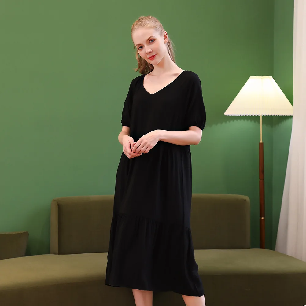 

Spring and Summer New Front and Back Pleated Loose Ankle-Length Dress Black Burgundy Apricot Nightgown