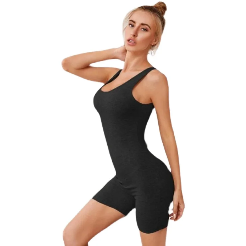 

Summer Women Sport Jumpsuit Skinny Yoga Clothes Sets One Piece Suit Pure Color Halter Sexy Soft