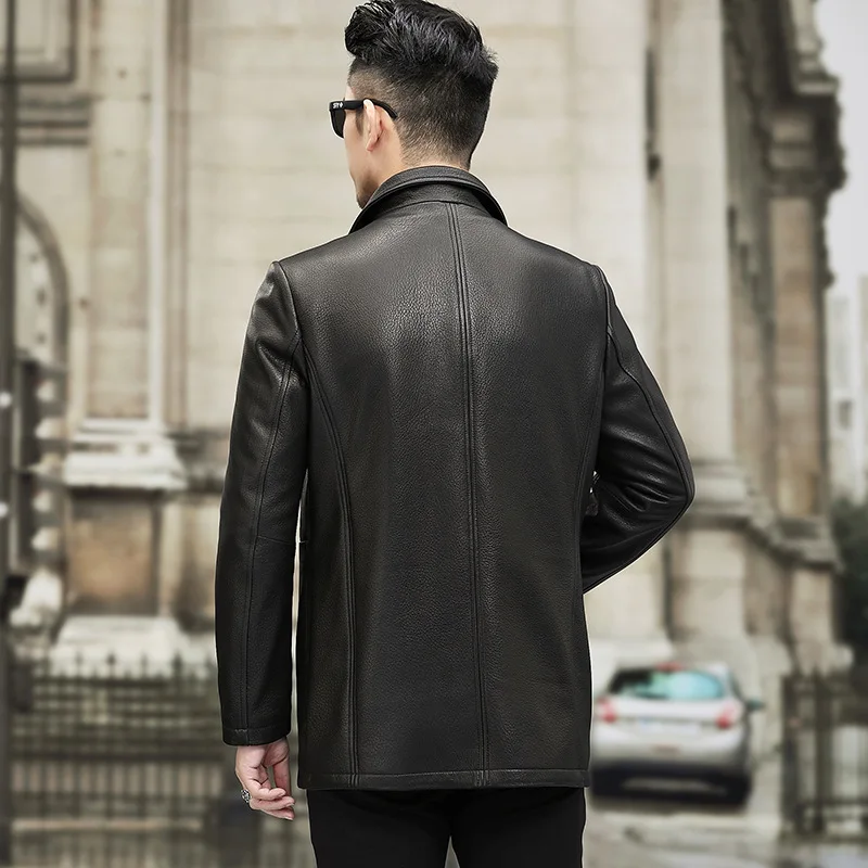 

Natural OL Business Leather Jacket Men Casual Medium Long Windbreaker Luxury Turn-down Collar Zipper Formal Jacket Oversize 4XL
