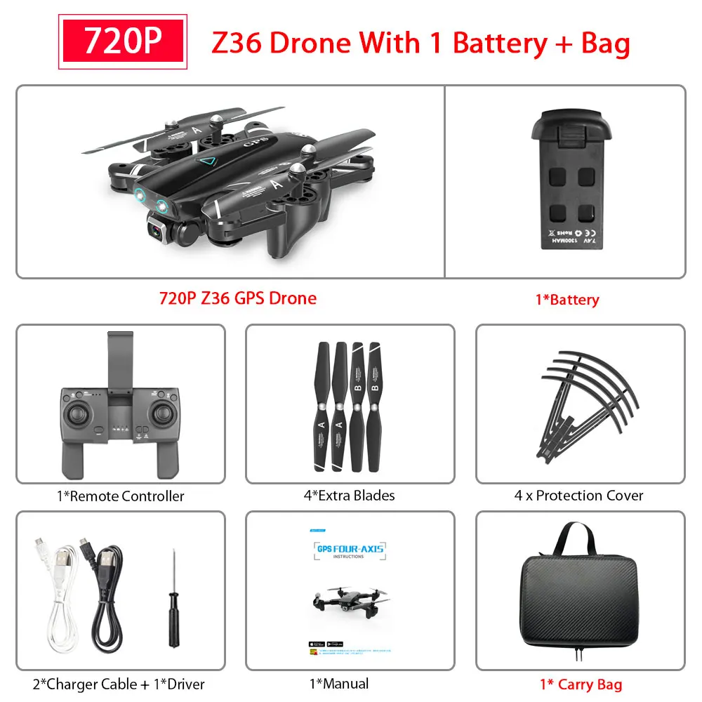 ZWN Z36 gps Квадрокоптер с 720 P/1080 P/4 K HD камерой Rc вертолет gps с фиксированной точкой wifi FPV Дрон следуй за мной режим vs SG900-S E520S - Цвет: 720P 1B Carry Bag