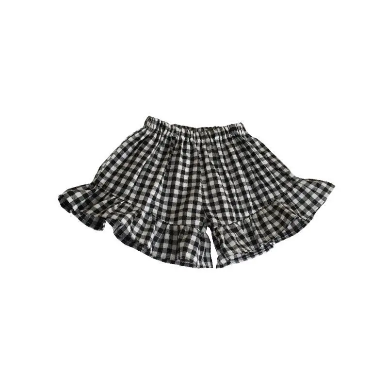 

Cotton elastic waist plaid shorts ruffled children's clothing girls P4797