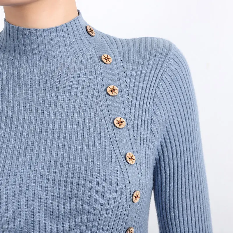 Autumn O-neck Sexy Slim Sweater Botton Desgin Knitted Pullover Women Casual Vintage Sweater Colthing Female Knit Tops