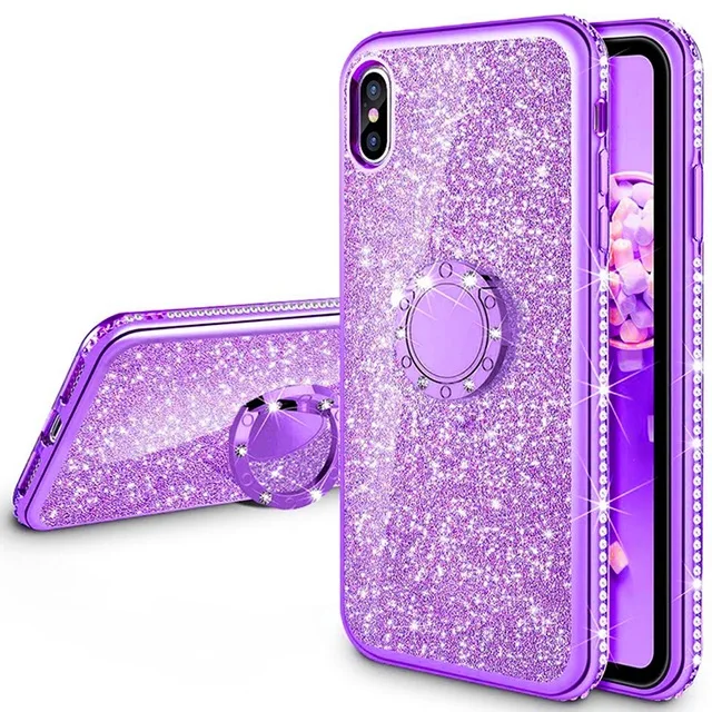 Purple With Ring Мягкий чехол с блестками для huawei P20 P30 mate 10 20 30 Lite Pro P Smart Plus Honor 10i 20i 7X8X10 Lite Y6 Y9 кольцевой автомобильный держатель - Цвет: Purple With Ring