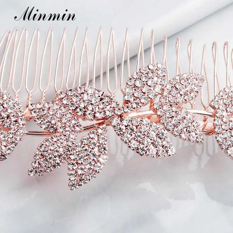 Уникальные свадебные гребни Minmin в форме листа с кристаллами Rosegold стразы