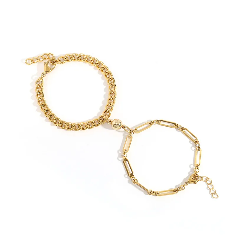 

2Pcs Punk Golden Silver Color Chain Couple Bracelet for Women Stainless Steel Romantic Magnet Men Paired Things Fashion Jewelry