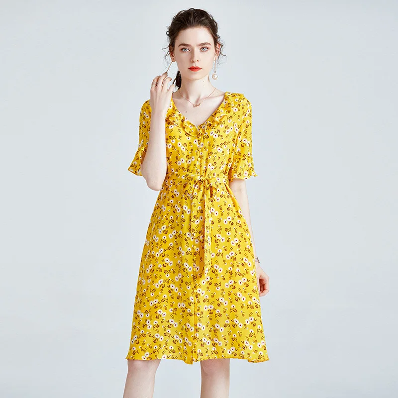 

Dress Summer New Women's Floral Small Fresh and Fashionable Temperament Waist Tie V-neck Printed Mulberry Silk A-line Skirt