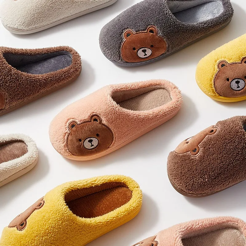 

Women Men Winter Warm Slippers Cartoon Bear Furry Concise Cotton Shoes Couples Home Indoor Boys Girls Non-slip Faux Fur Slides