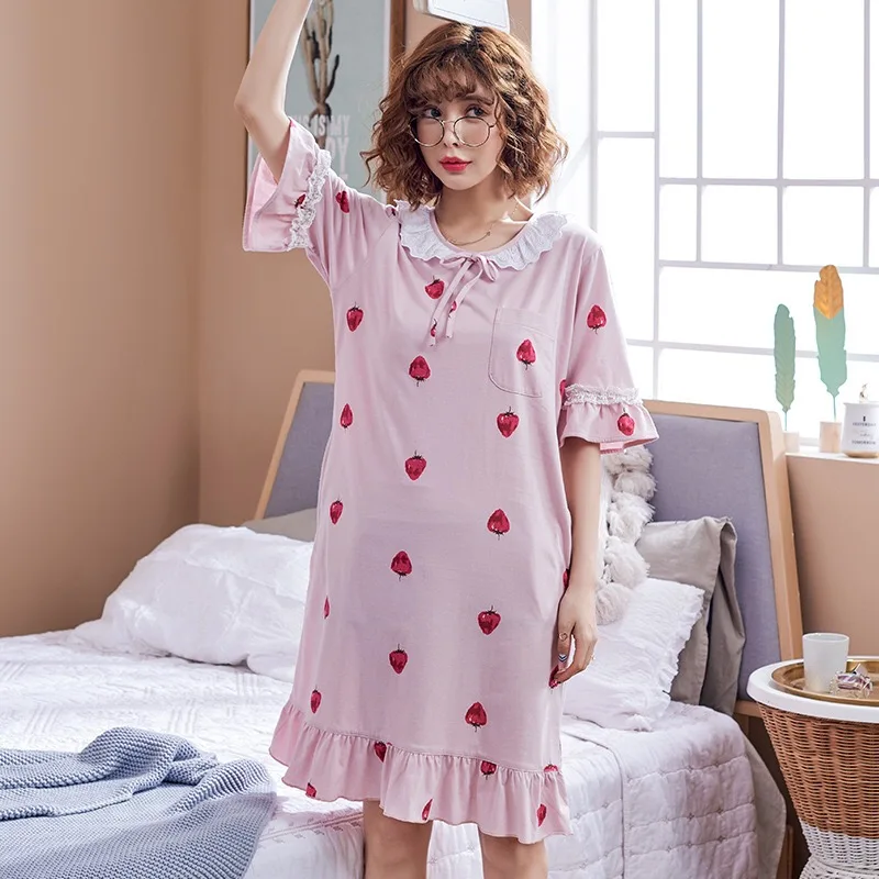 

Summer Pajamas Sets Women Strawberry 100% Cotton Cartoon Fashion Women Short Sleeve Sleepwear Suit 2 Piece Sexy Home Lounge Gift