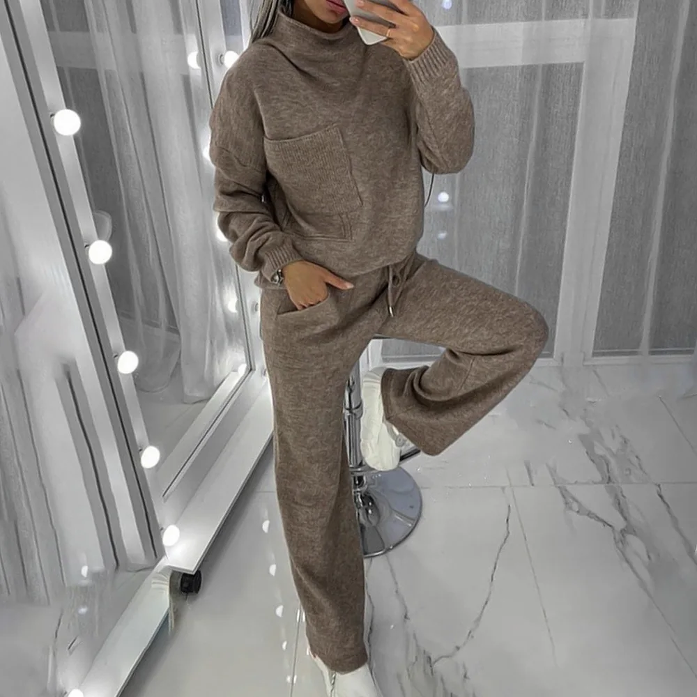 

2021 Autumn Winter 2 Pieces Women Sets Knitted Tracksuit Turtleneck Jumpers+Wide Leg Jogging Pants Ladies Casual Sweater Suit