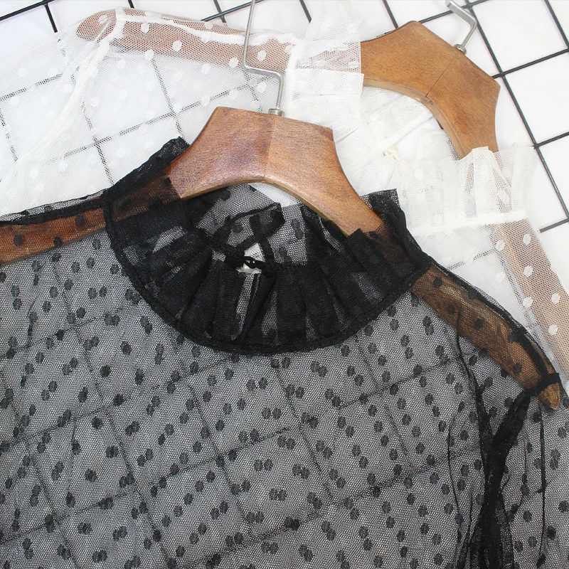 

Women Autumn Winter Ruffle Mesh Dress Ladies Casual Elegant Fashion Lace Dot Printed Loose Transparent Black White Dresses 401