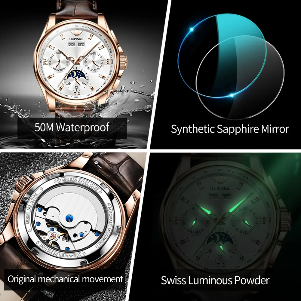 OUPINKE Luxury Men's Automatic Mechanical Watch 5atm Waterproof Classic Leather Moon Phase Calendar Chronograph Montre Homme