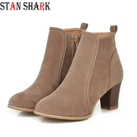 new women spring autumn ankle boots comfort mid heels shoes suede leather short riding booties sexy high heels plus size 35 41