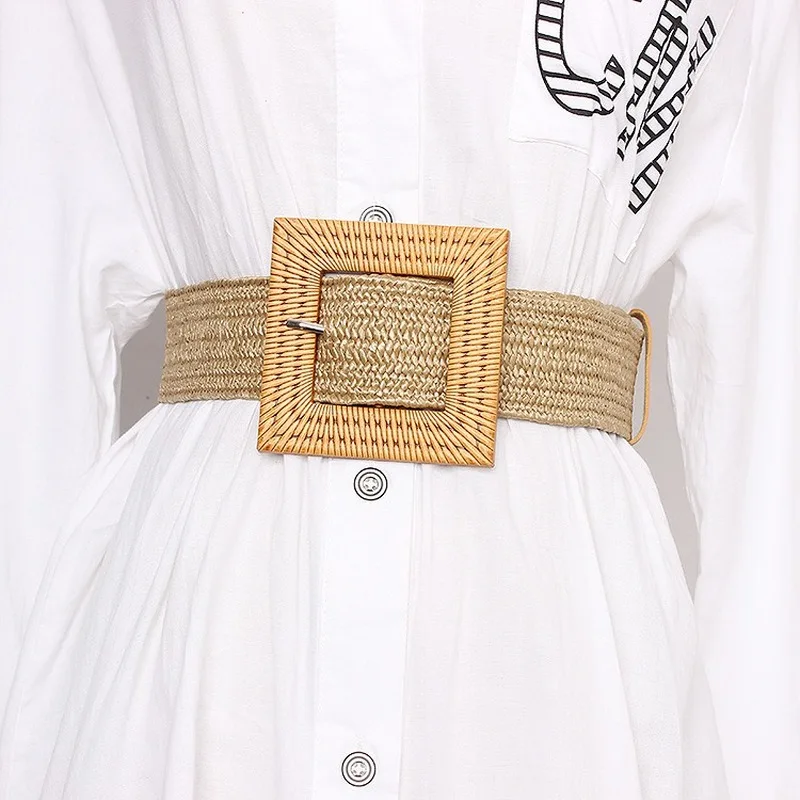 

2021 Summer Women's New Summer Dress Korean Fashion Straps Beach Holiday Wind Seaside Bohemian Woven Belt Waist Square Buckle