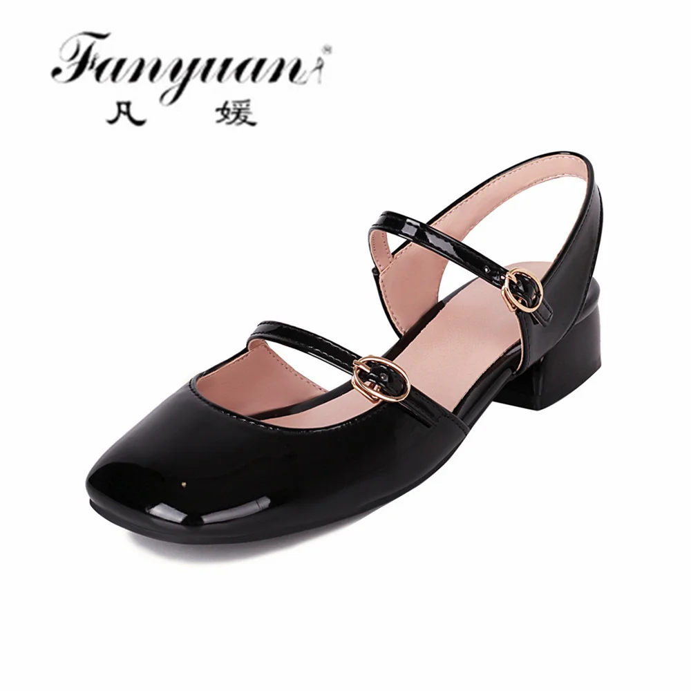 

Fanyuan Square Toe Leather Shoes Women 2021 Autumn New Shallow Mouth thick heel casual Mary Jane shoes