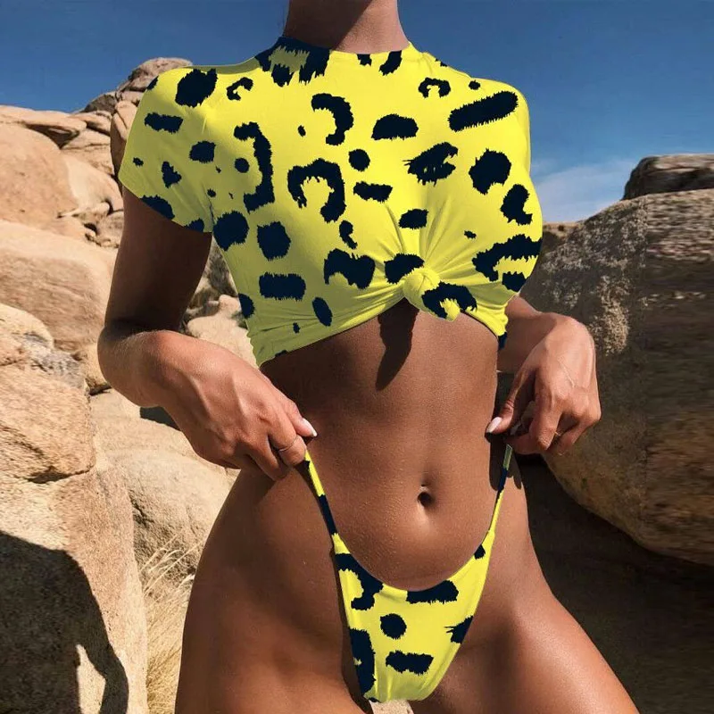 Женское леопардовое бикини с низкой талией белое купальный костюм коротким