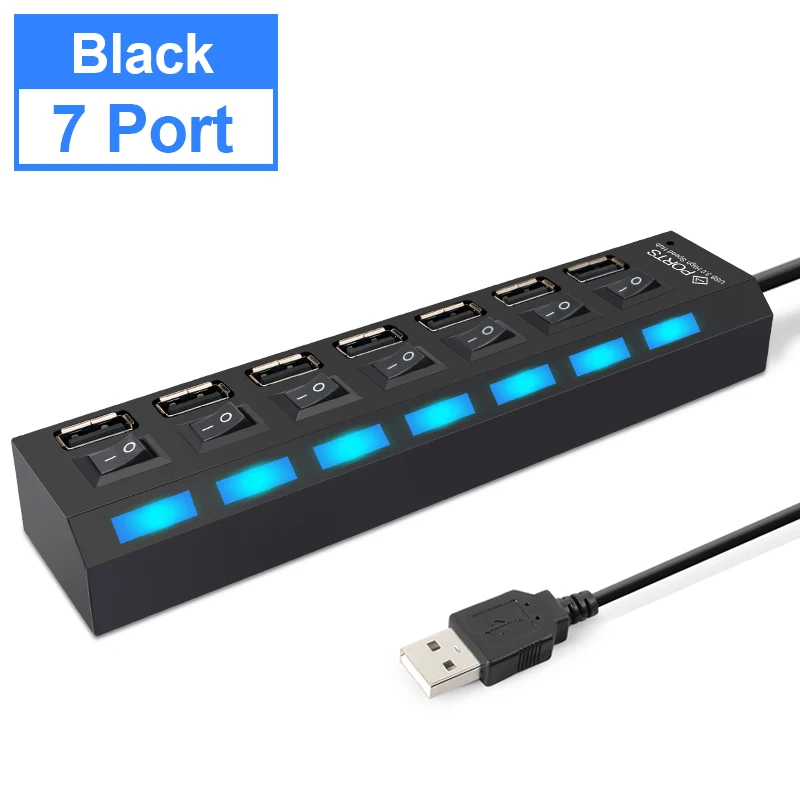 Black 7 Ports Мульти usb-хаб 2,0 мини-концентратор USB разветвитель 4/7 usb порты с переключателем вкл/выкл Hab поддержка мощность высокая скорость ПК Компьютерные аксессуары - Цвет: Black 7 Ports
