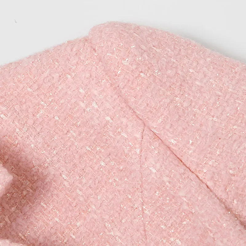 Elegant Feathers Double-breasted Winter Coat Women Runway Designer Thick Warm Pink Wool Coat Jacket High Quality Outwear