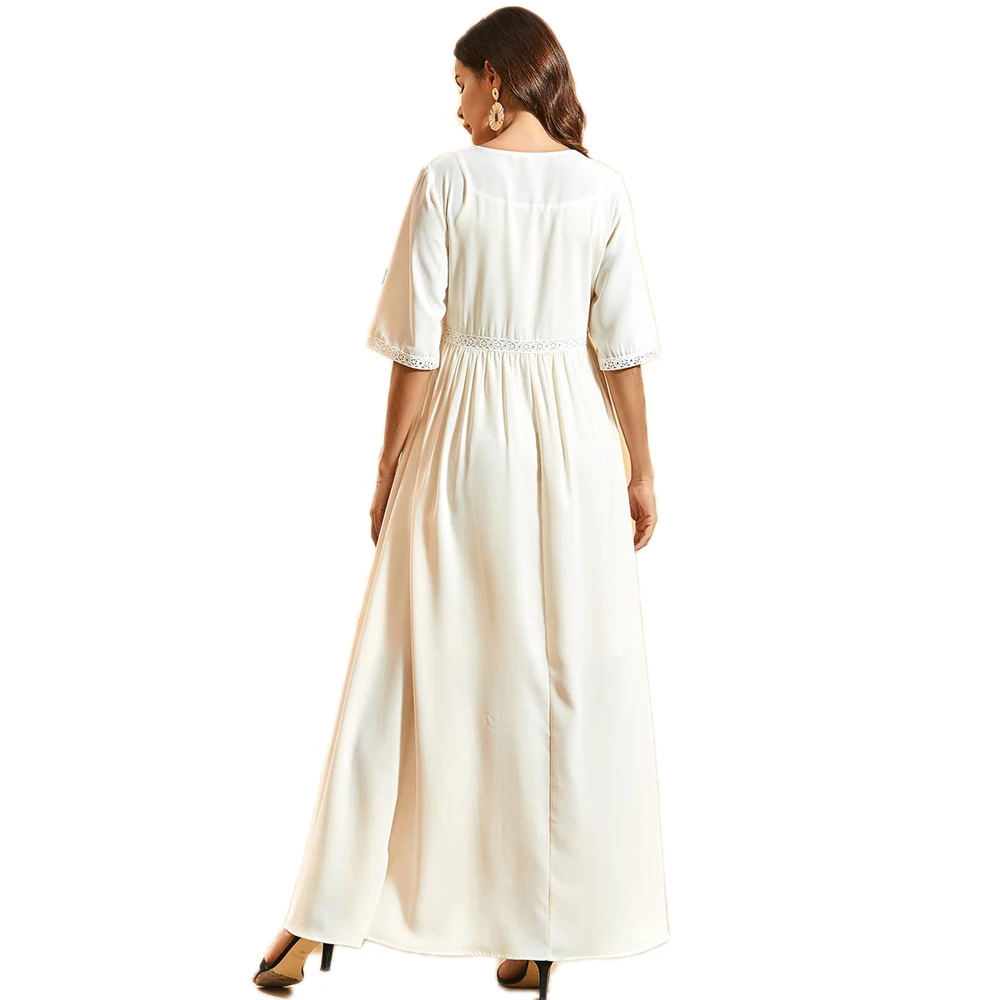 Женское платье макси с цветочной вышивкой и коротким рукавом|Мусульманская