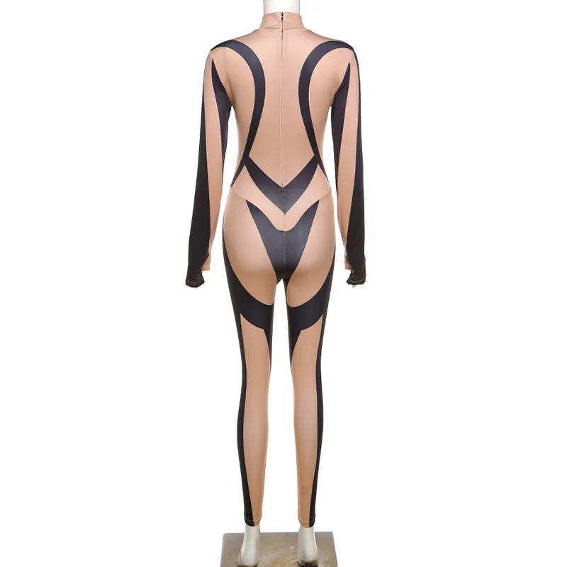 

Printed Patchwork Long Sleeve Bodycon Workout Jumpsuits Outfits Back Zipper Sport Fitness Overalls For Women Saloppette Femme