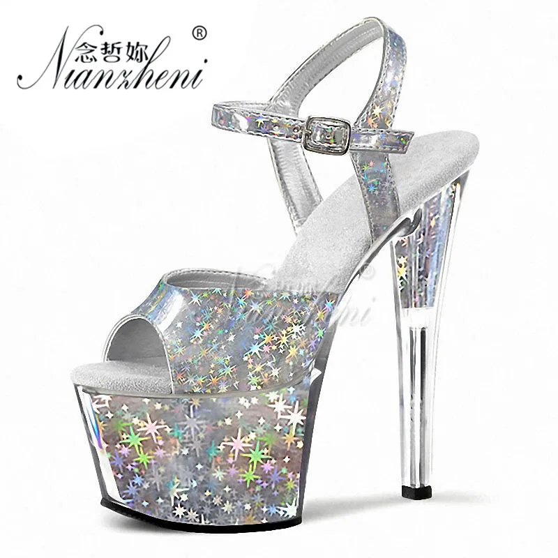 17CM Super Stiletto Heels Patent Leather Crystal Clear Women's Platform Sandals 8 Inches Trend Paint Cross Dressing Party Dress