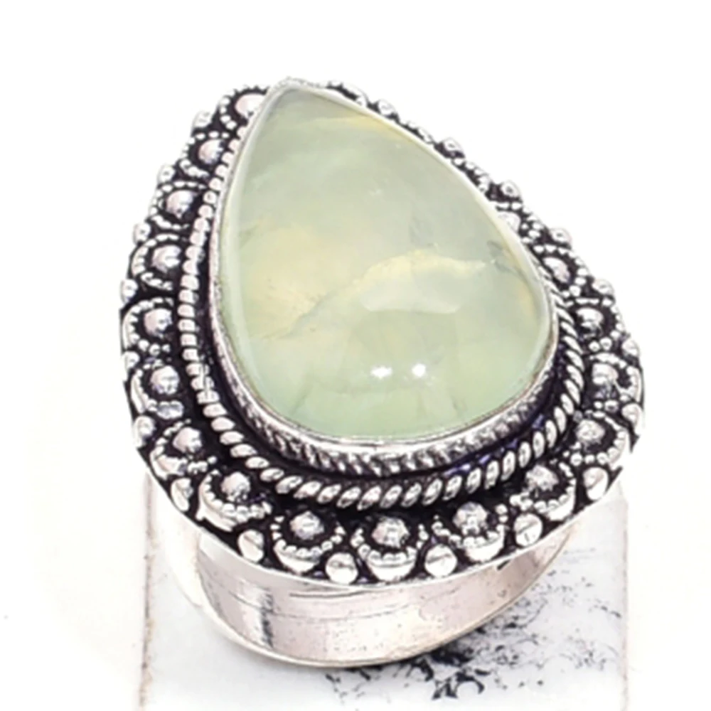 

Genuine Prehnite Ring Silver Overlay over Copper , Hand Made Women Jewelry gift , Size: 7.5
