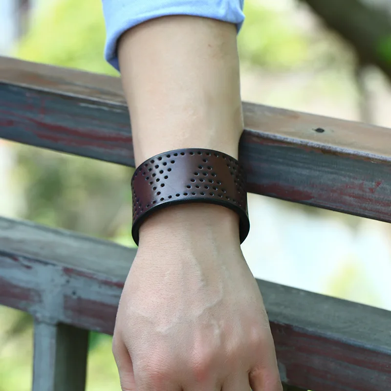 Мужской винтажный браслет из натуральной кожи широкий воловьей с металлическими