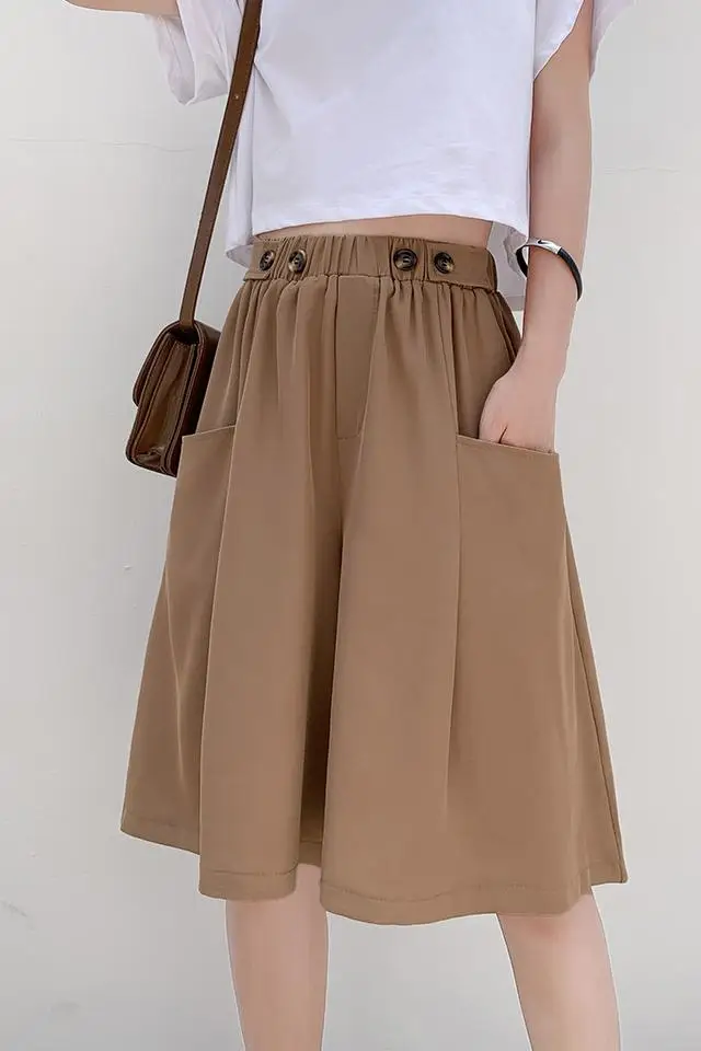 

Korean Style Knee Length Loose Wide Leg Pants Women 2021 Summer High Waist Casual Vintage Cargo Pants Female Plus Size