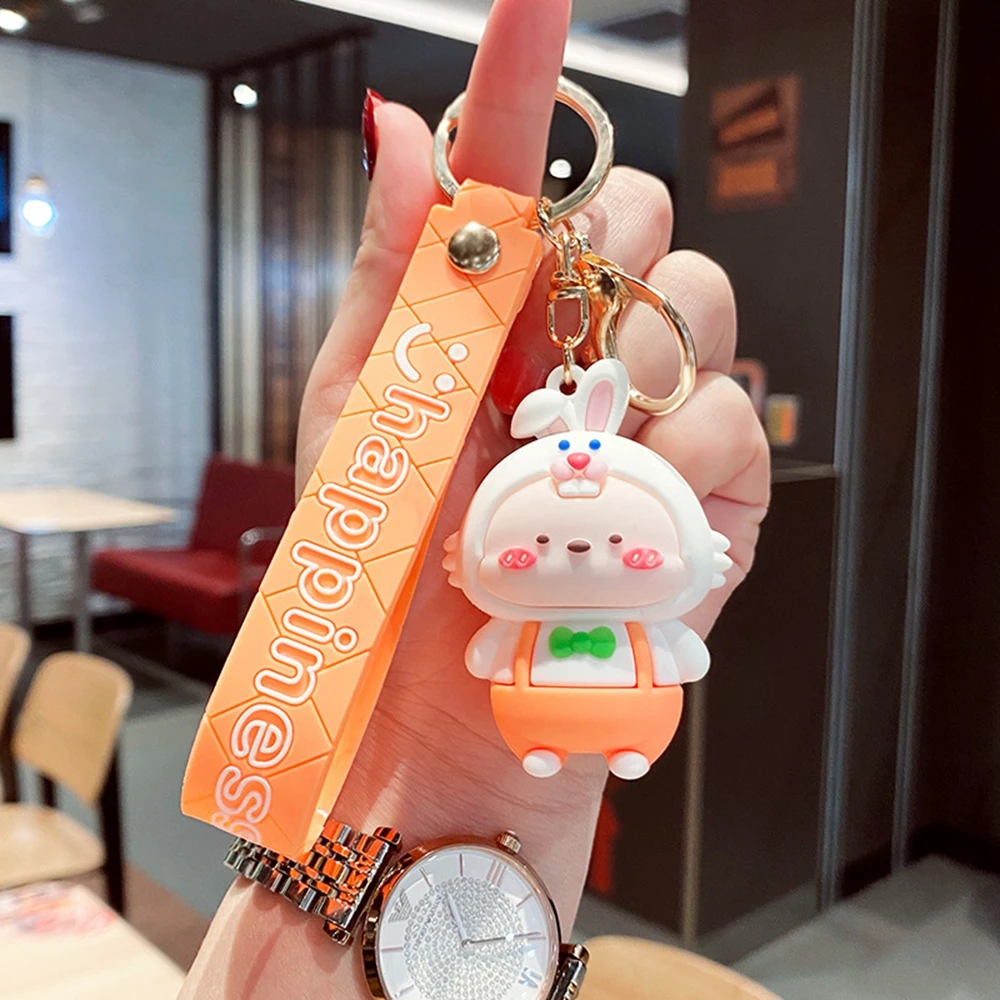 

Cute Bunny Keychain Pendant PVC Material 3Pcs Cartoon Overalls Bunny Mobile Phone Backpack Car Keyring Accessories Gift for Gril