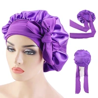 solid satin bonnet with wide stretch ties long ribbon women night sleep hat adjust hair styling cap silk head wrap shower cap