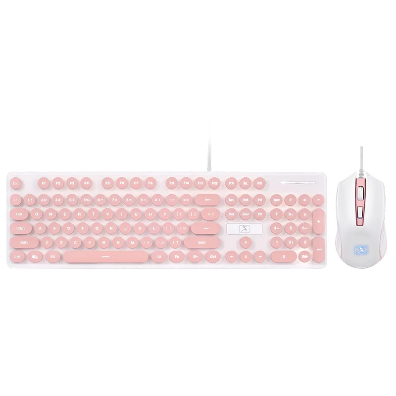 Розовый ретро Проводная игровая клавиатура и мышь комплект круглый Keycap стимпанк клавиатура мультимедийная Кнопка 1800 dpi Мышь для ПК ноутбука