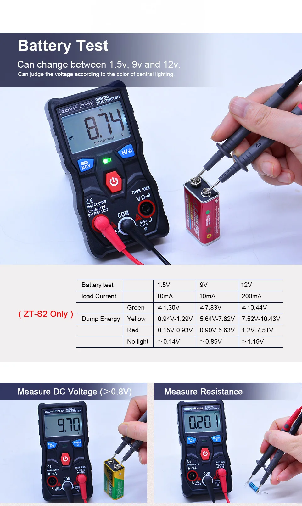 ZOYI ZT-S1 ZT-S2 ZT-S3 ZT-S4 истинных среднеквадратичных значений ЖК-дисплей Цифровой мультиметр 4000 рассчитывает Авто диапазон с бесконтактная проверка напряжения переменного удержания данных и ЖК-дисплей подсветка