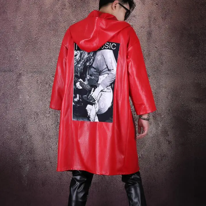 Mens trench coats man red pu leather long men singer stage loose clothes fashion hooded overcoat long sleeve street b603