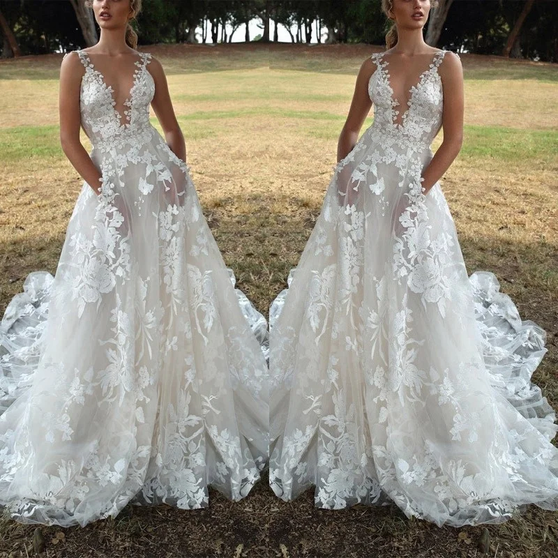 Женские сексуальные кружевные вечерние свадебные платья без рукавов с глубоким V