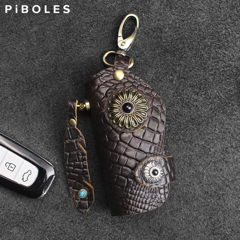 

Handmade EDC Key Wallet Genuine Leather Storage Housekeeper Key Pouch Embossed Cowhide Smart Key Purse Keychain Keyring