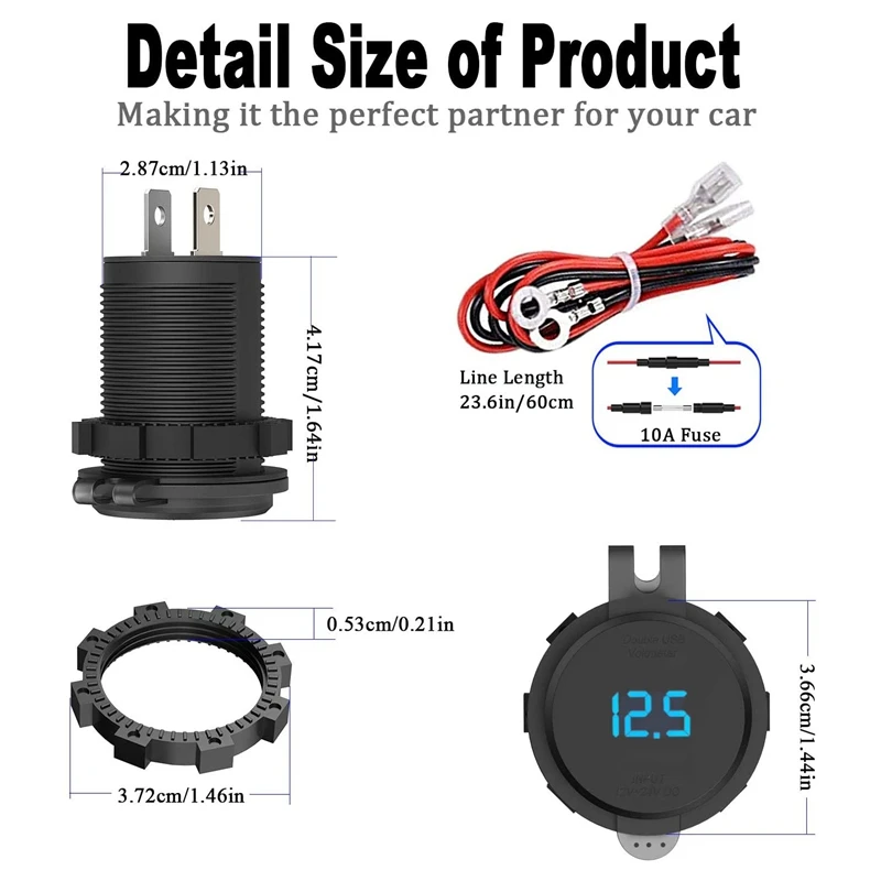 

12V USB Outlet, Quick Charge 3.0 Dual USB Car Charger with Contact Switch and Voltmeter for 12V/24V Motorcycle Car Truck